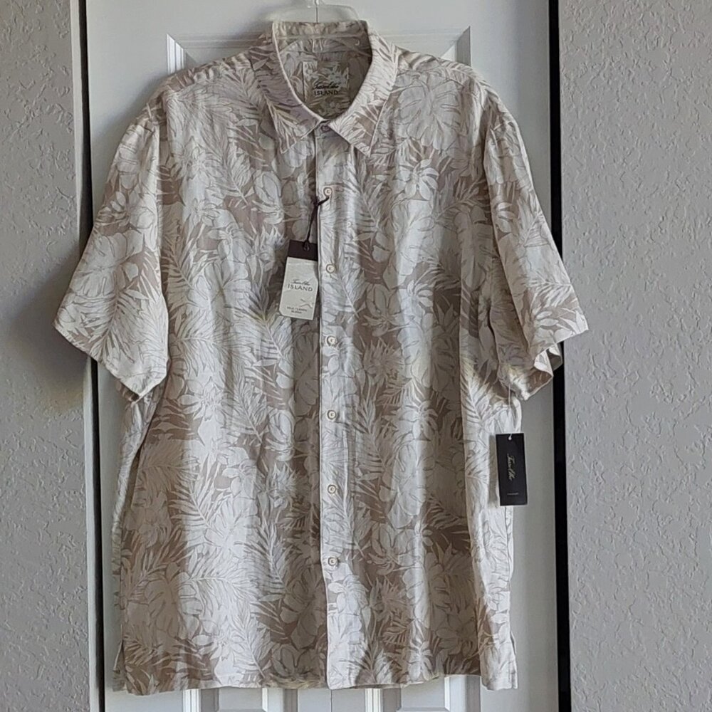 Tasso Elba Island Cream & Tan Hawaiian Linen Blend Button Down Shirt Men's XXL
